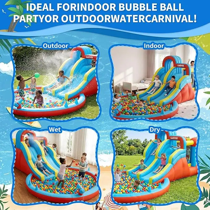 All-Season 8-in-1 Inflatable Water Park – Double Slides, Large Pool, Climbing Walls, 550W Blower Durable Oxford Material For Kids Indoor/Outdoor Bouncy Castle Playset
