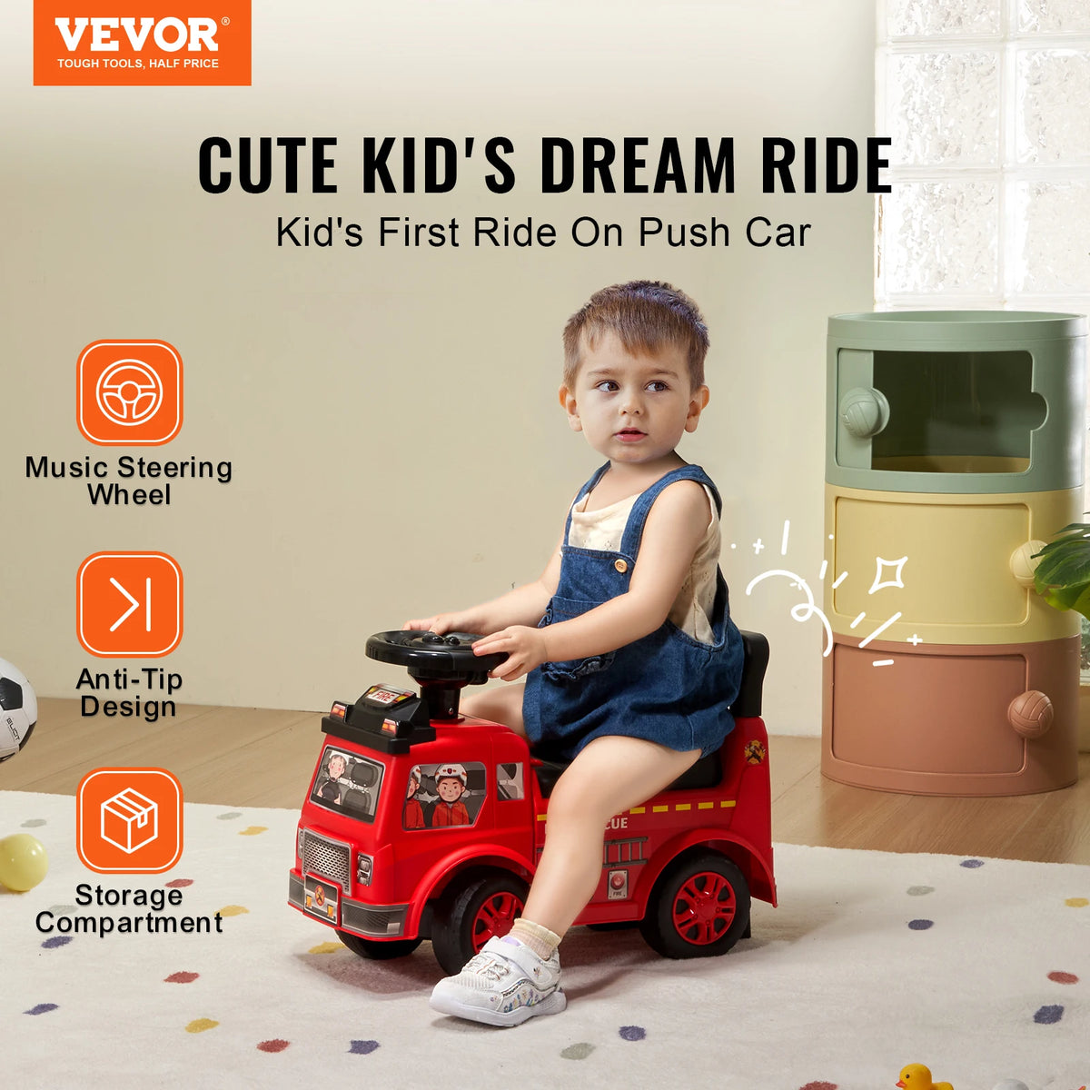 SucceBuy Ride On Push Car Kids Ride On Car with Music Steering Wheel & Under Seat Storage for Toddlers Ages 1-3 Ride Racer