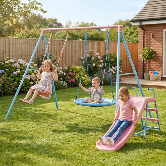 Kids Outdoor Double Swing Set With Slide For Playgrounds