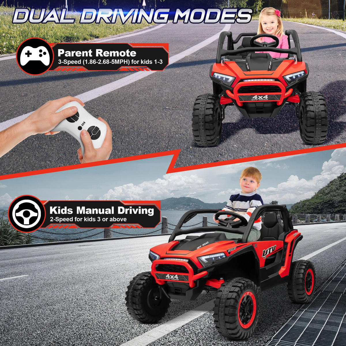 24V 2 Seater Ride on Toys UTV for Kids W/Parent Remote Control, 7AH Kids Battery Powered Vehicles, Bluetooth Spring Suspension, Storage for Gift, Deep Red