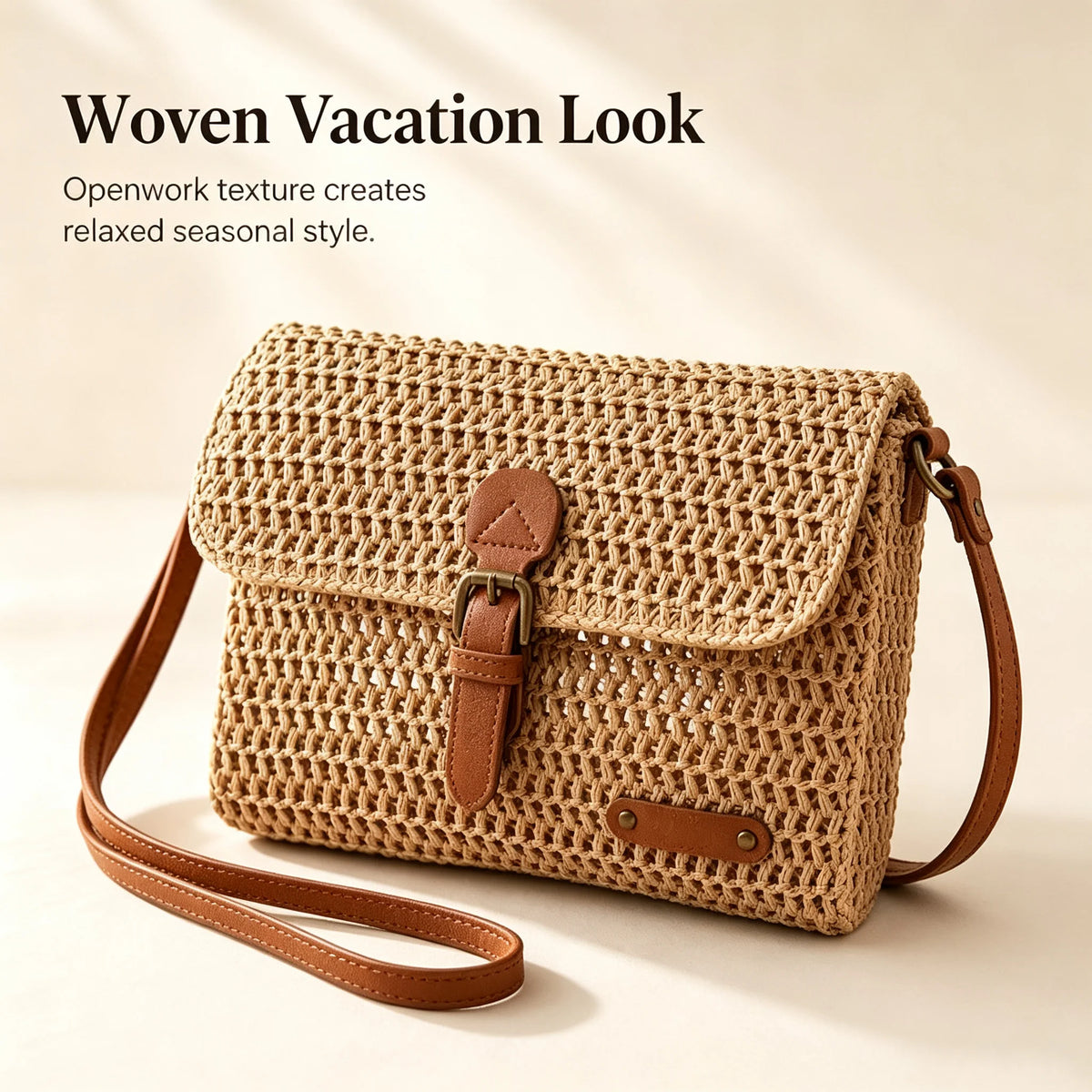 Womens Woven Straw Crossbody Bag With Flap Buckle Closure