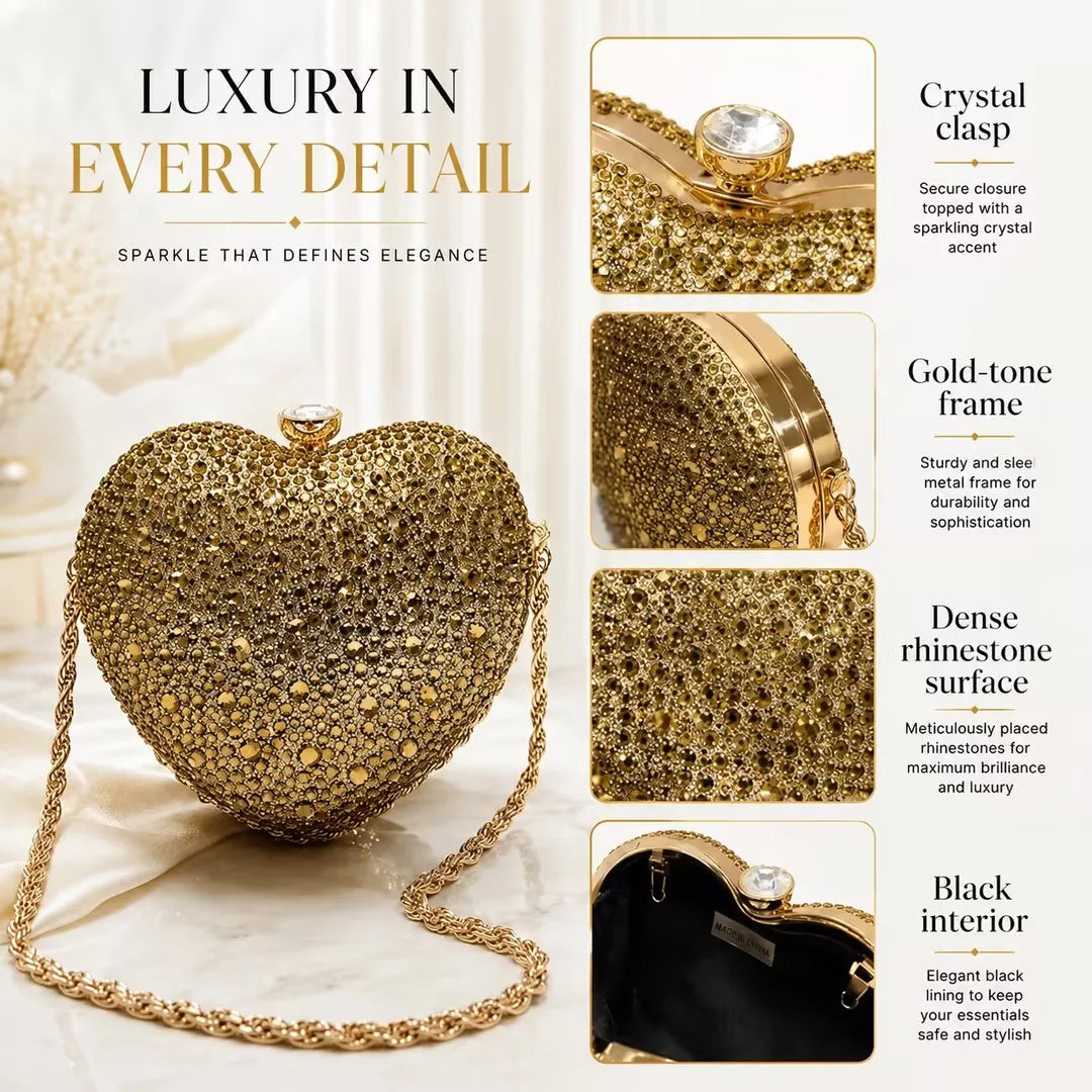 Rhinestone Heart Evening Clutch Bag With Chain Strap