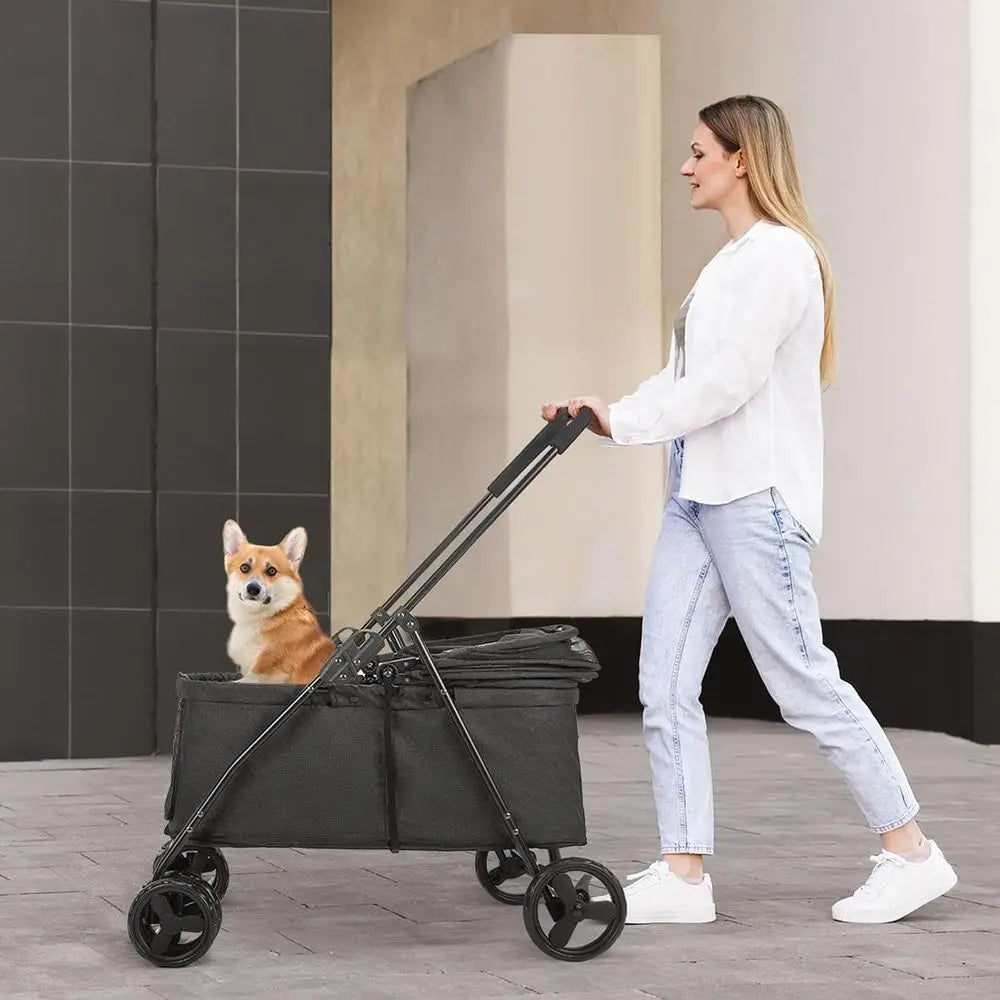 Double Capacity Foldable Pet Stroller With Heavy Duty Wheels