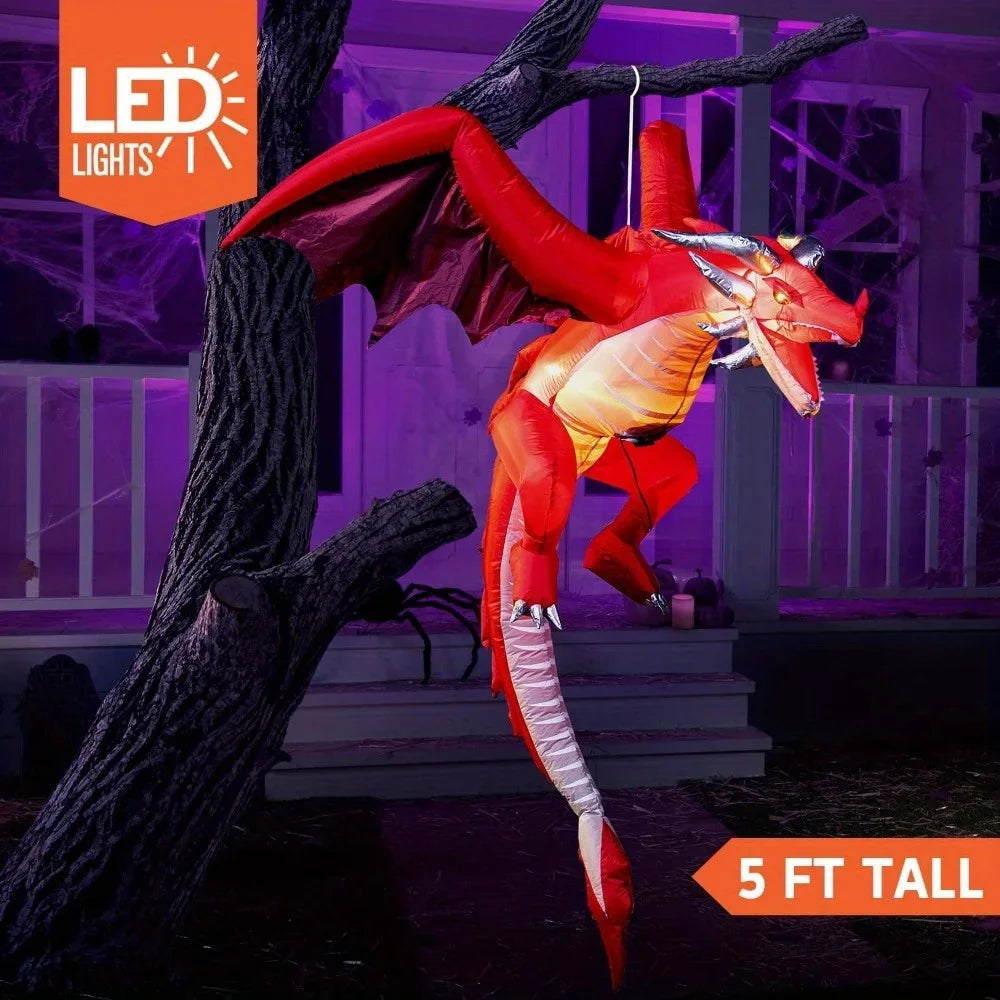 5 FT Tall Hanging Fire Dragon Halloween Inflatable Decor with Build-in LEDs Inflatable Blow Up Flying Dragon with Light for Halloween Party Indoor Outdoor Yard Garden Lawn Decorations