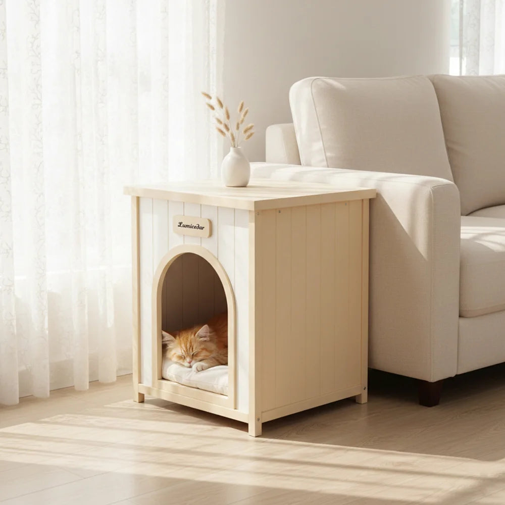 Modern Indoor Solid Cedar Wooden Dog House with Removable Cushion
