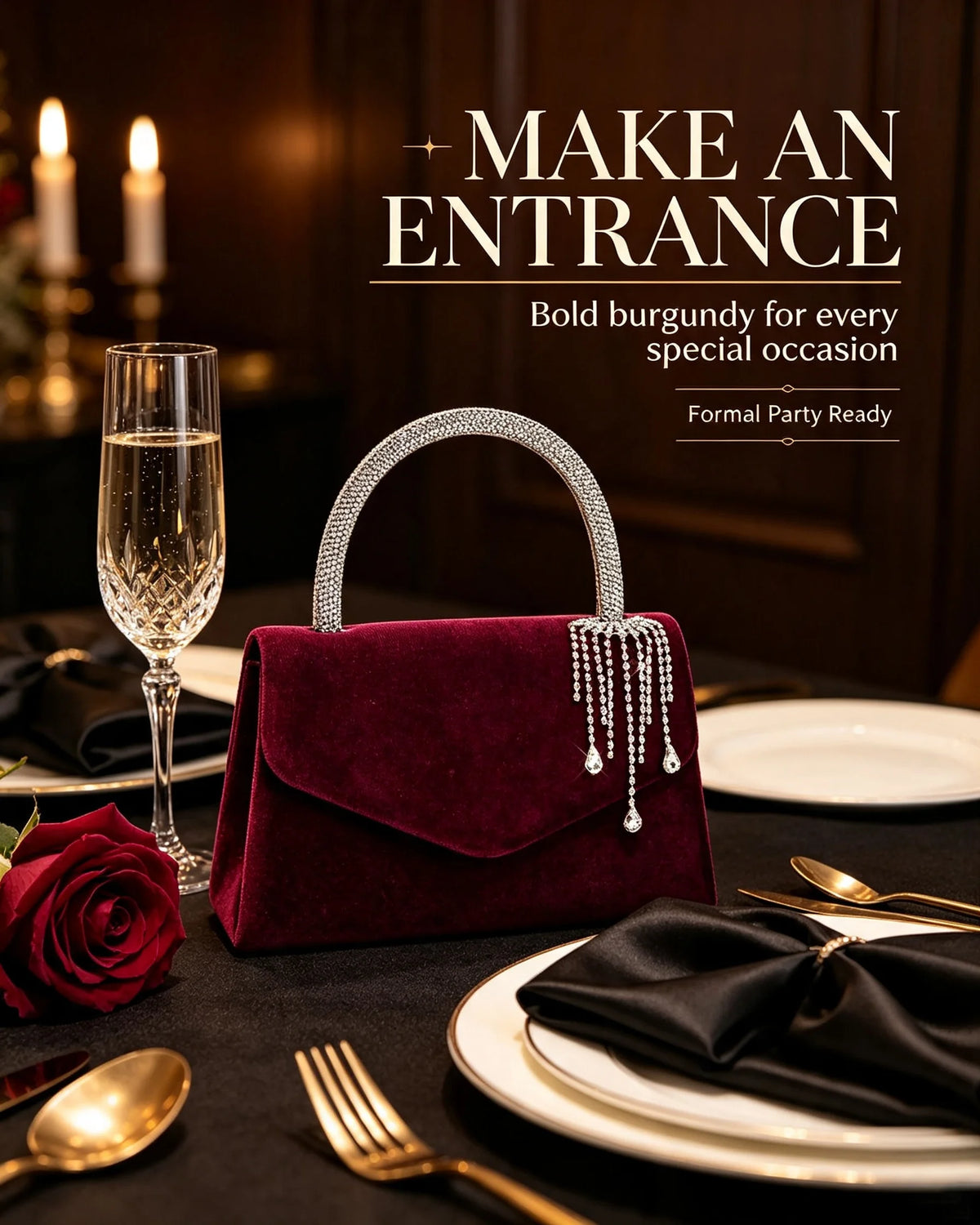 Velvet Envelope Clutch With Rhinestone Tassel And Crossbody Chain