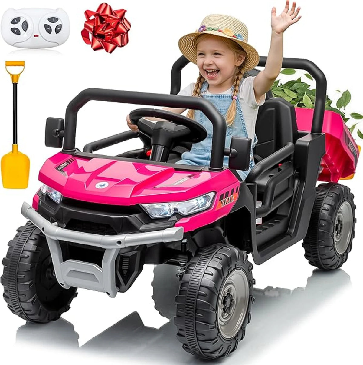 24V Ride On Dump Truck,  Ride On Toys W/Remote Control, 3 Speeds, Electric Dump Bed & Shovel, Shock Absorbers, Led Lights, Bluetooth & Gift Bow, Electric Car for Kids