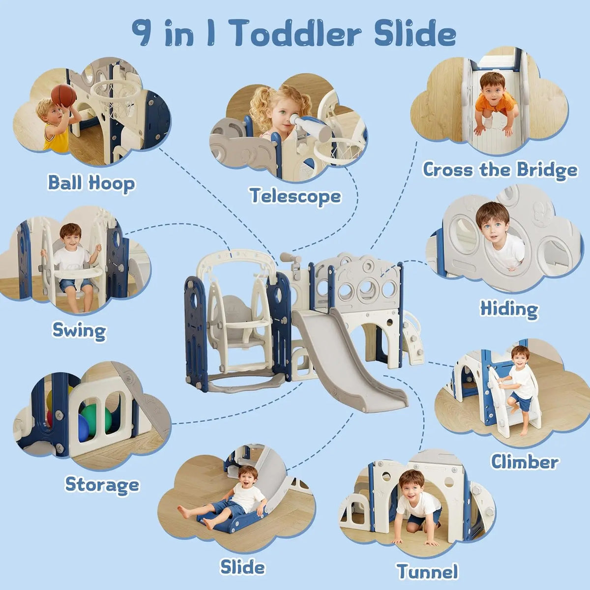 9 in 1 Toddler Slide and Swing Set, Slide for Toddlers 1-3, Kids Indoor Outdoor Playset Playground with Basketball Hoop, Telescope