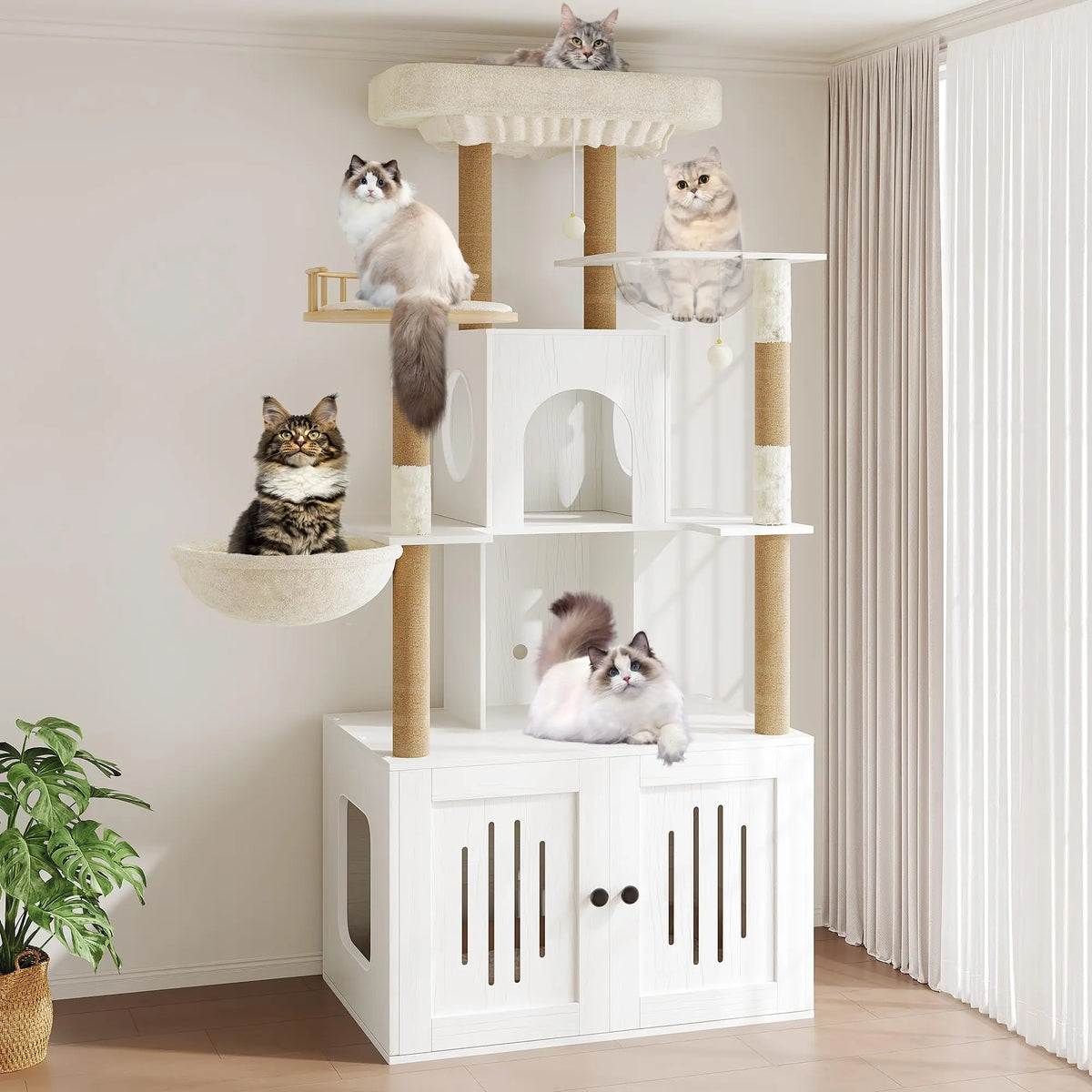 Hosslly Cat Tree With Hidden Litter Box And Hammock