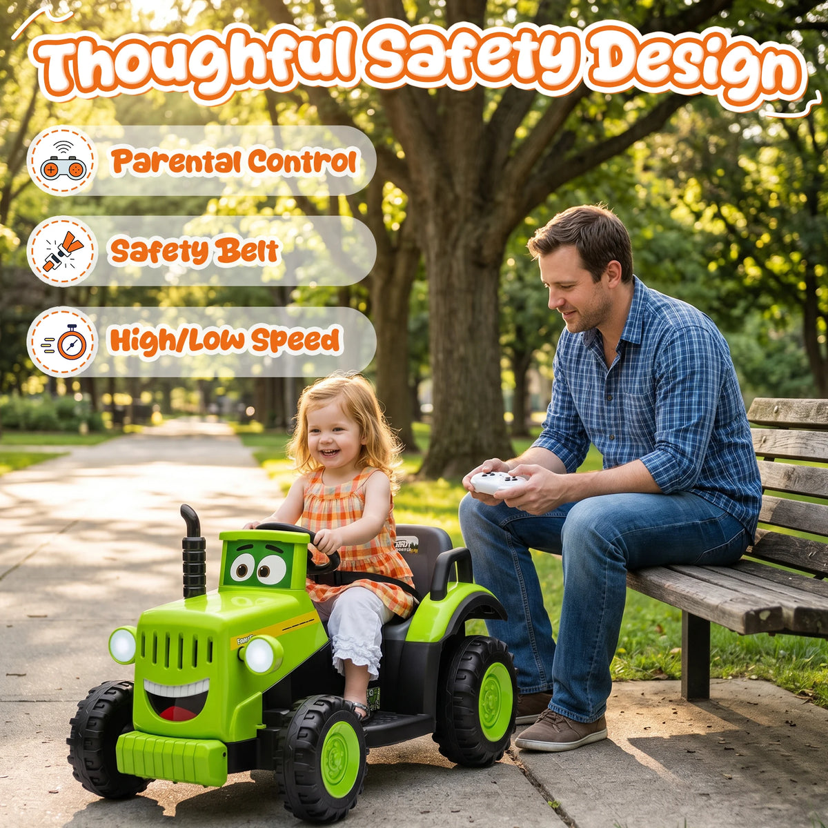 12 Volt Ride on Toys, Cute Ride On Tractor for Toddlers, Power Car Wheels with LED Lights, Music, Horn, Safety Belt