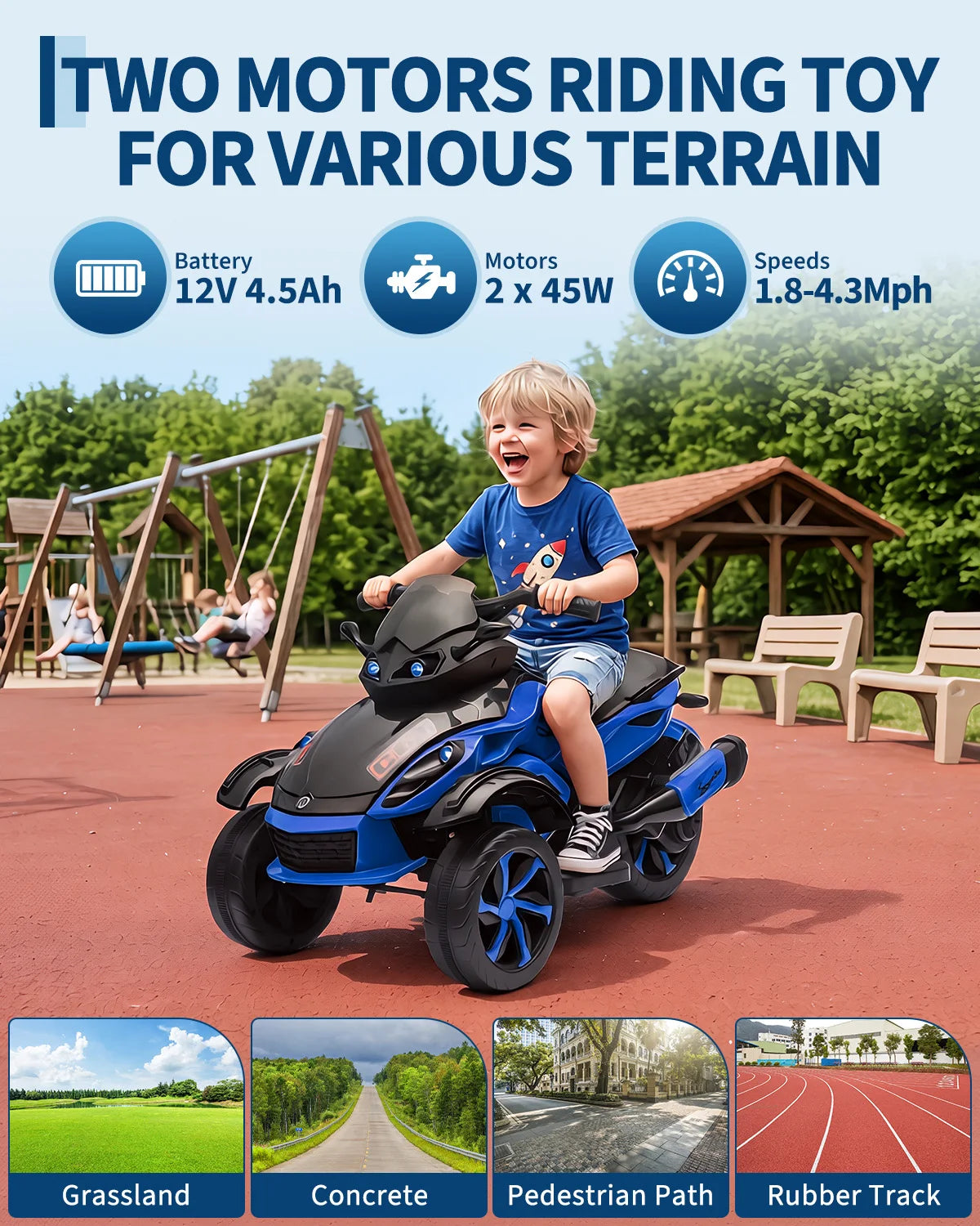 12V Kids Ride-On ATV 3-Wheel Electric Motorcycle - Battery Powered Ride-On Toy - LED Lights & Music - Treaded Tires for Outdoor Off-Road - Ages 3-8