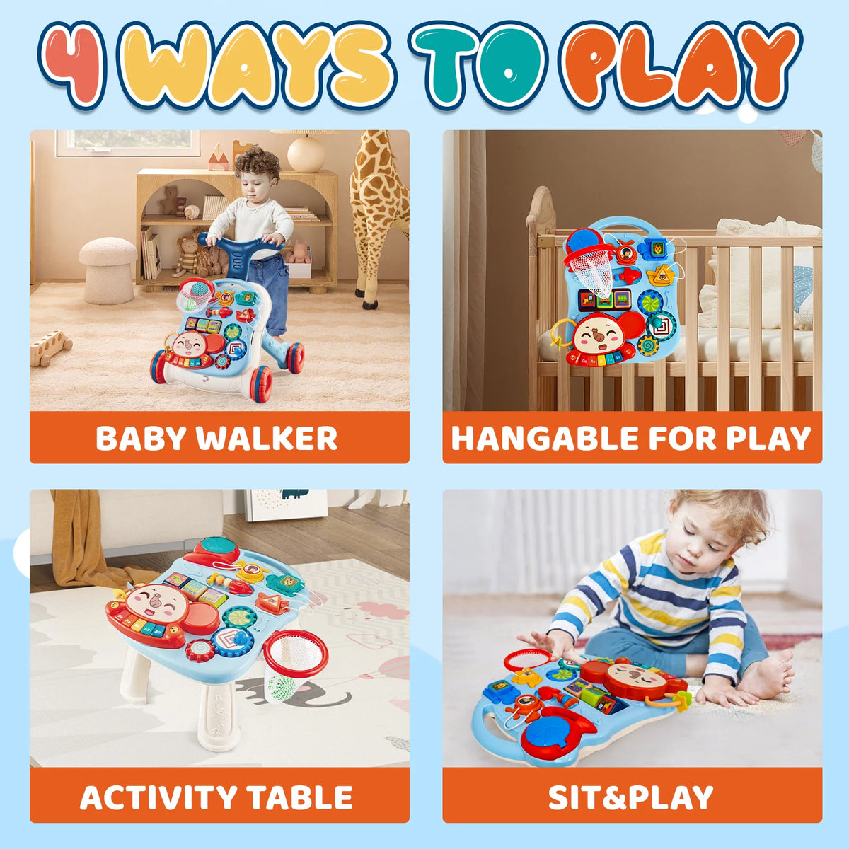 3-in-1 Multifunctional Toddler Walker, Interactive Push Toy for Early Learning, Adjustable Speed Anti-Slip Wheels, Musical Educational Activity Center