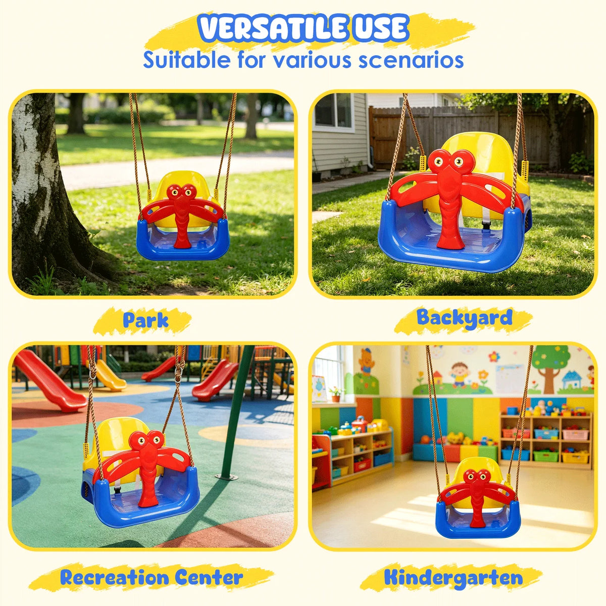 Baby Swing Seat 3‑in‑1 Toddler Swing with Dragonfly Safety Guard, Outdoor Indoor Kids Swing for Backyard Playground