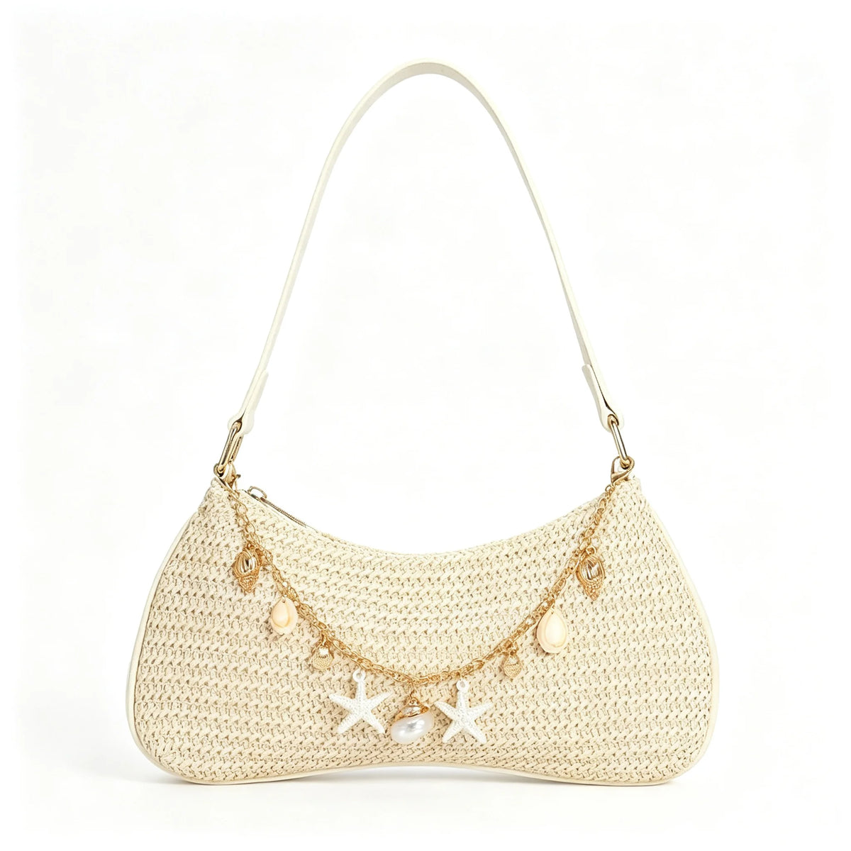 Women Woven Linen Shoulder Bag With Pearl Pendant Clasp