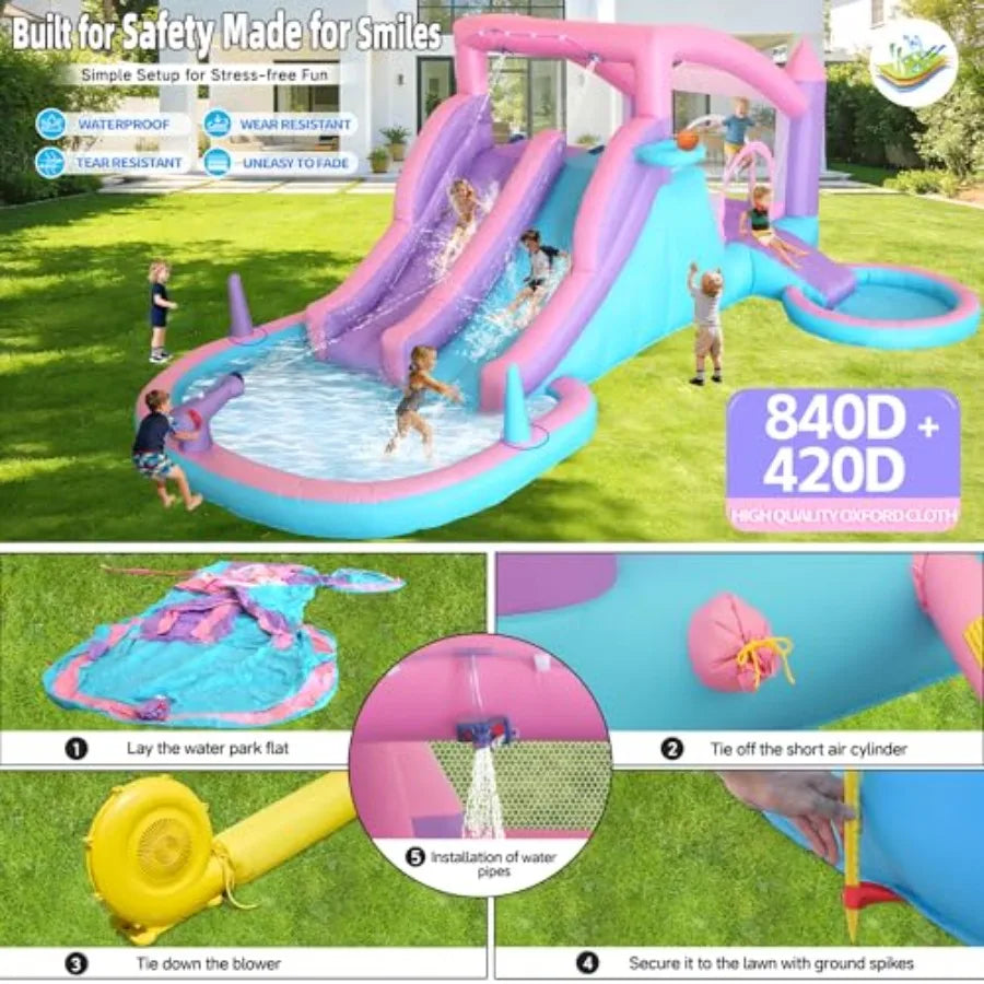 Backyard water park for kids ages 3-8: inflatable bounce house with 3 slides, splash pool, water cannon, ball pit, basketball h
