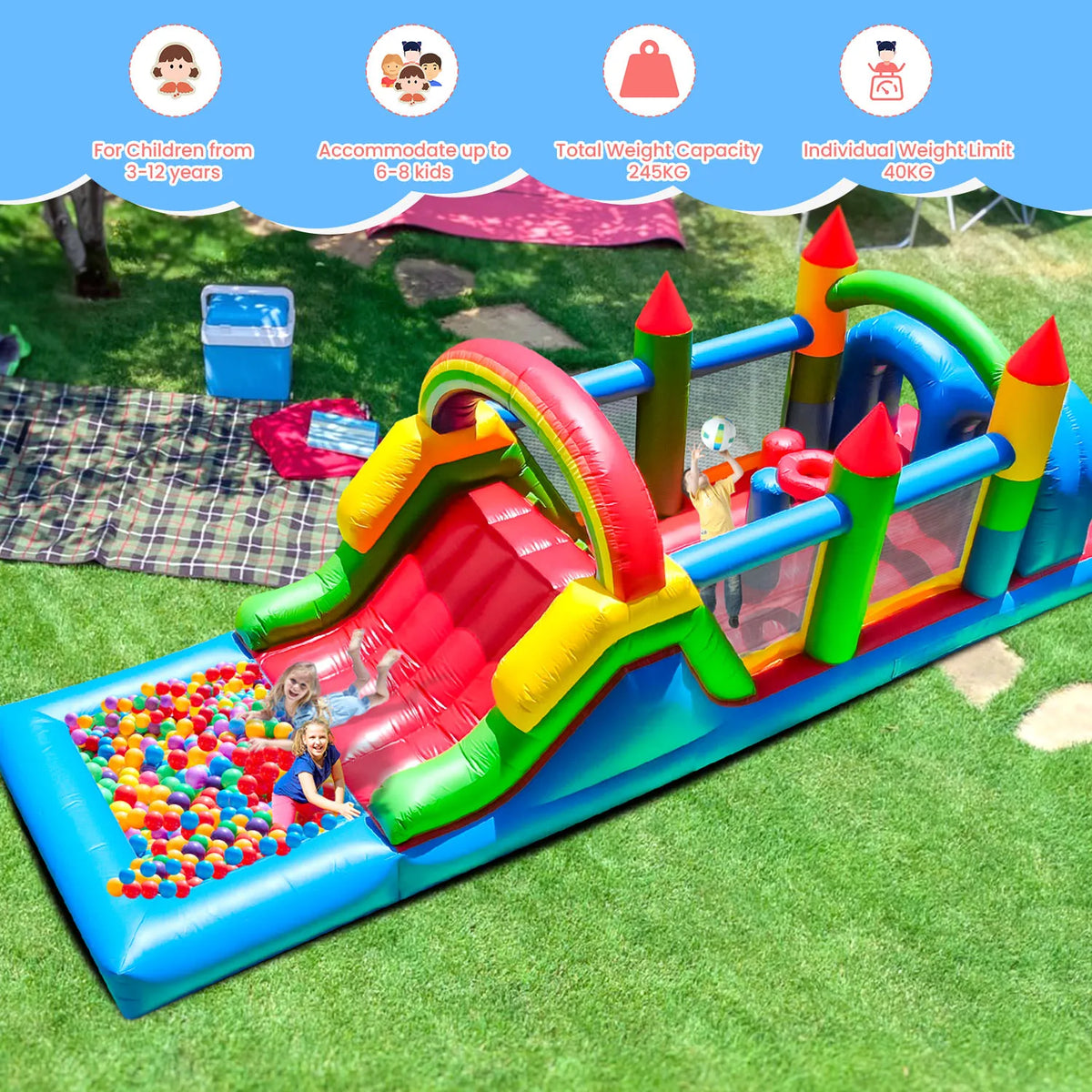 24FT PVC Commercial Inflatable Obstacle Bounce House, Suitable For Children And Adults, 1100w Blower, Dual Racing Slides, Crawli