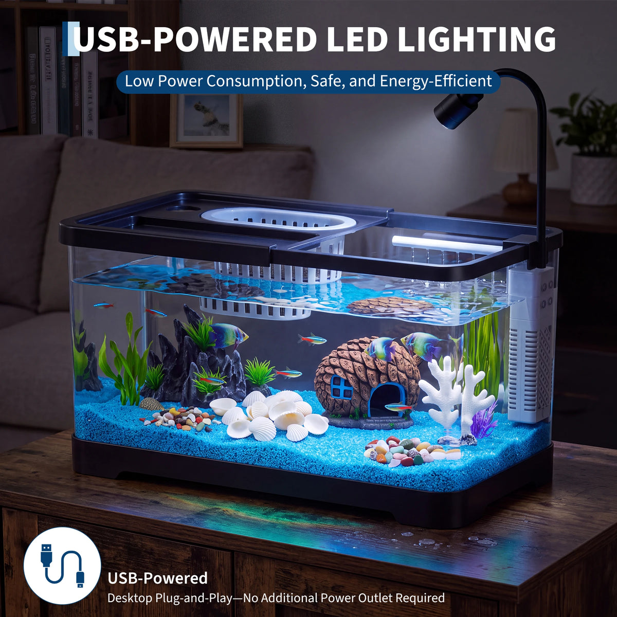 Compact Led Fish Tank Starter Kit With Oxygen Generator System