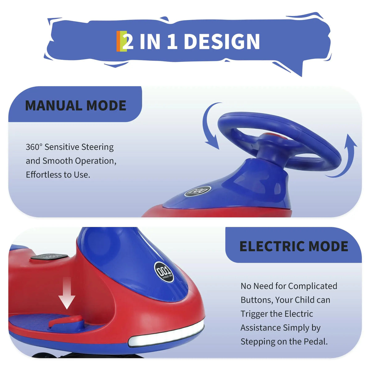 12V Electric Wiggle Car Kids With Pedal, 2 in 1 Rechargeable Ride On Swing Car, LED Wheels, Music, Touchscreen, 2 Speeds