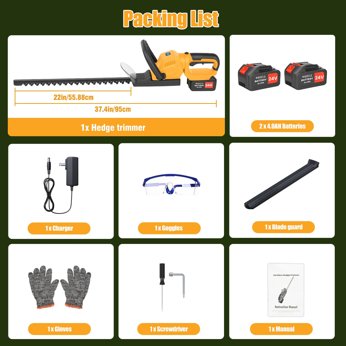 22-Inch Cordless Hedge Trimmer Lawn Mower –24000r/min Portable Hedge Cutter with 4000mAh Batteries for Lawn Garden Yard Tools