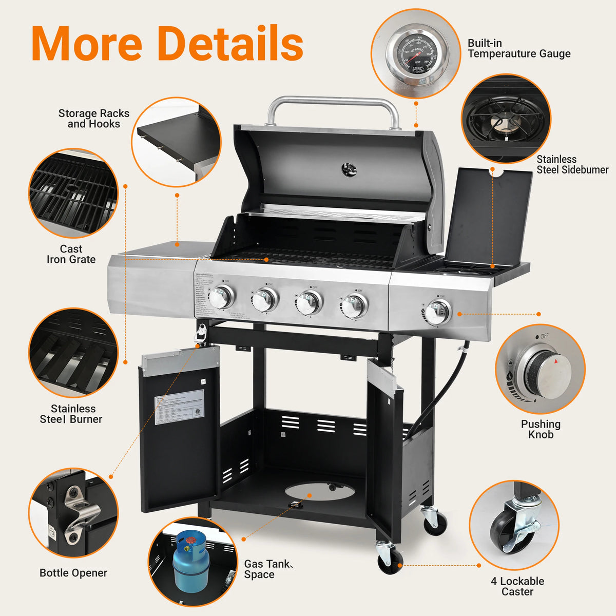 Stainless Steel Gas Grill With Side Burner And Durable Protective Cover
