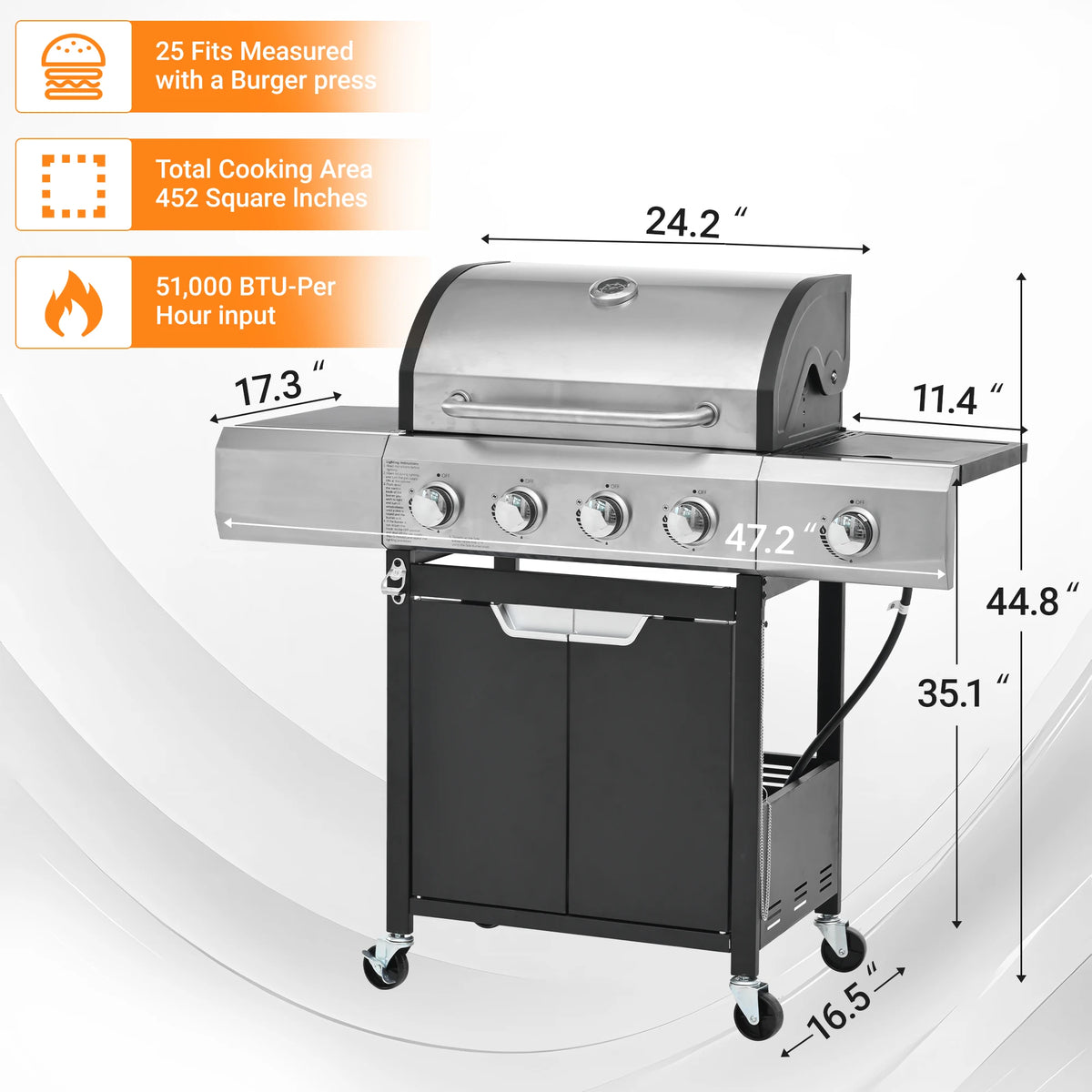 Stainless Steel Gas Grill With Side Burner And Durable Protective Cover