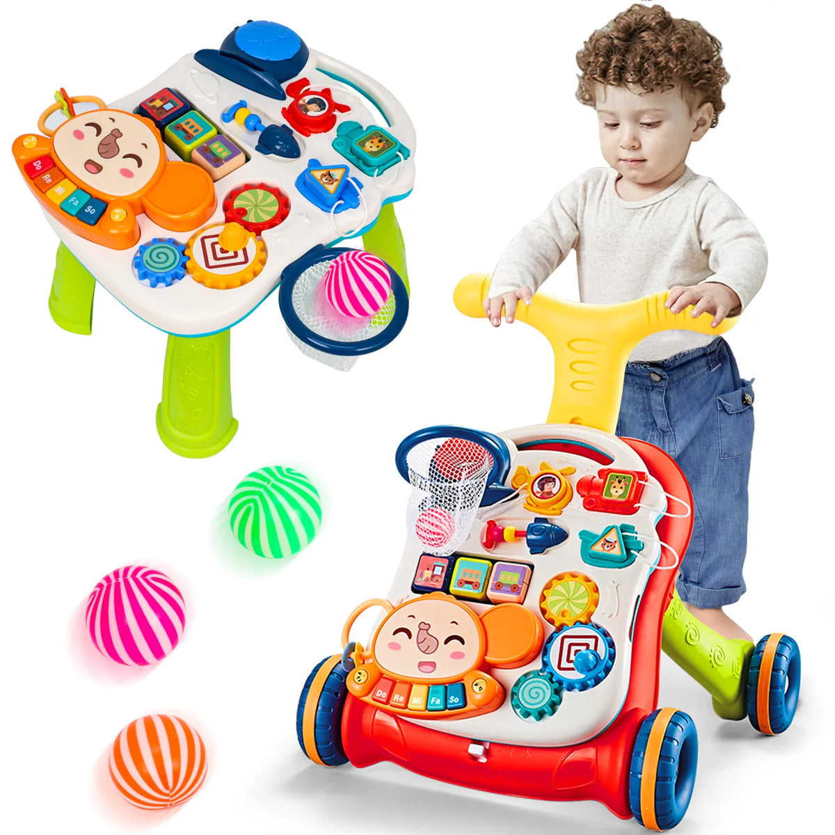 3-in-1 Multifunctional Toddler Walking Cart, Interactive Early Learning Push Toy to Help Baby Walk, Gentle Music, Adjustable Speed, Non-Slip Wheels, Educational Activity Center