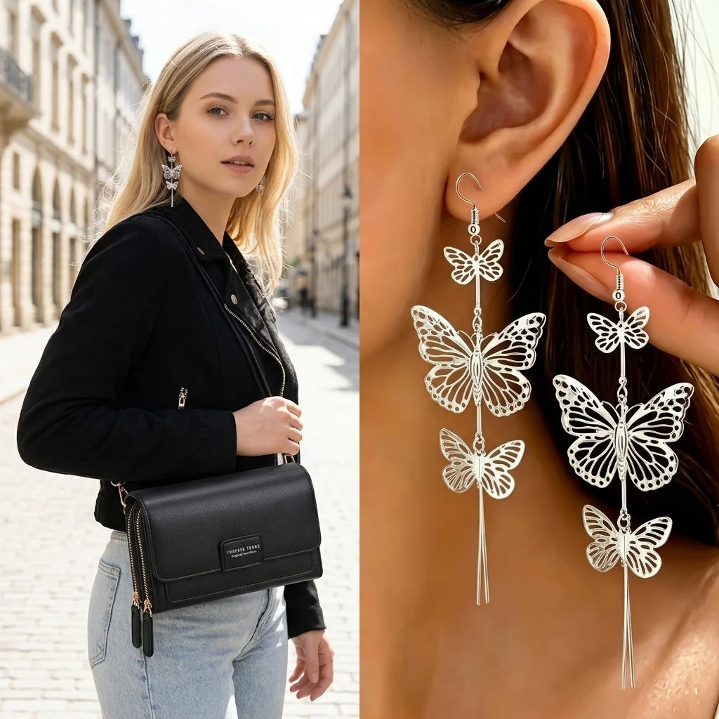 Elegant Women Crossbody Bag With Butterfly Drop Earrings