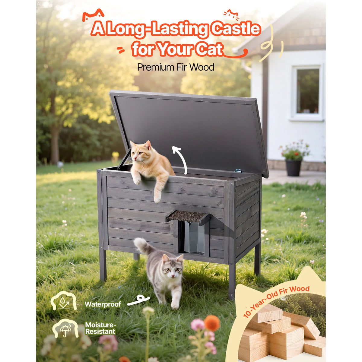 SucceBuy Heated Outdoor Wooden Cat House With Heating Pad