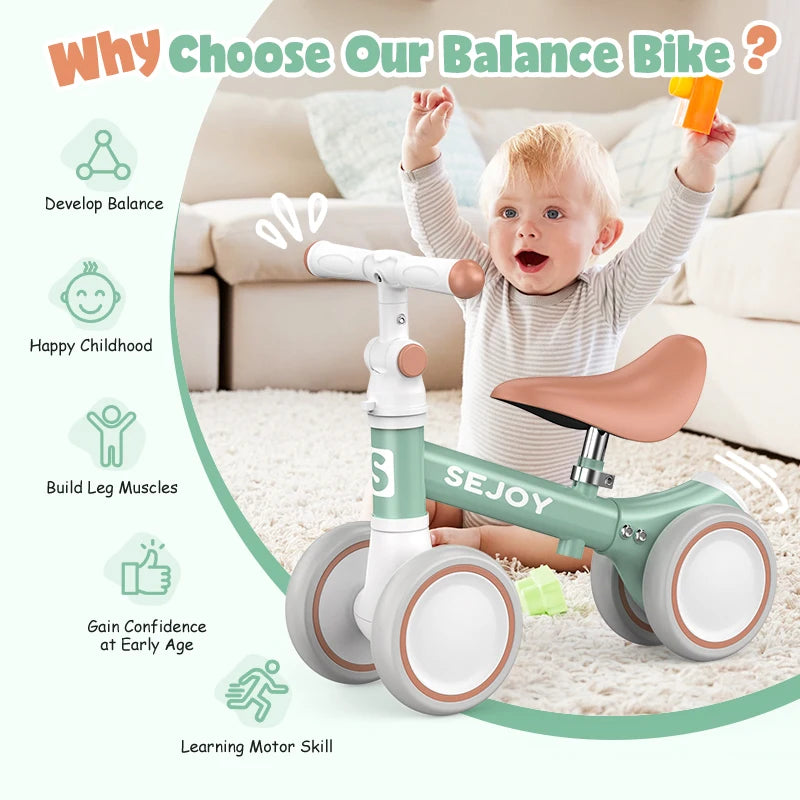 SEJOY Baby Balance Bike Ride Toy for Children,Pedal-free 4-Wheels Baby Toddler for 1-3 Year Lightweight Ride-on Walker for Boys Girls Birthday Gift