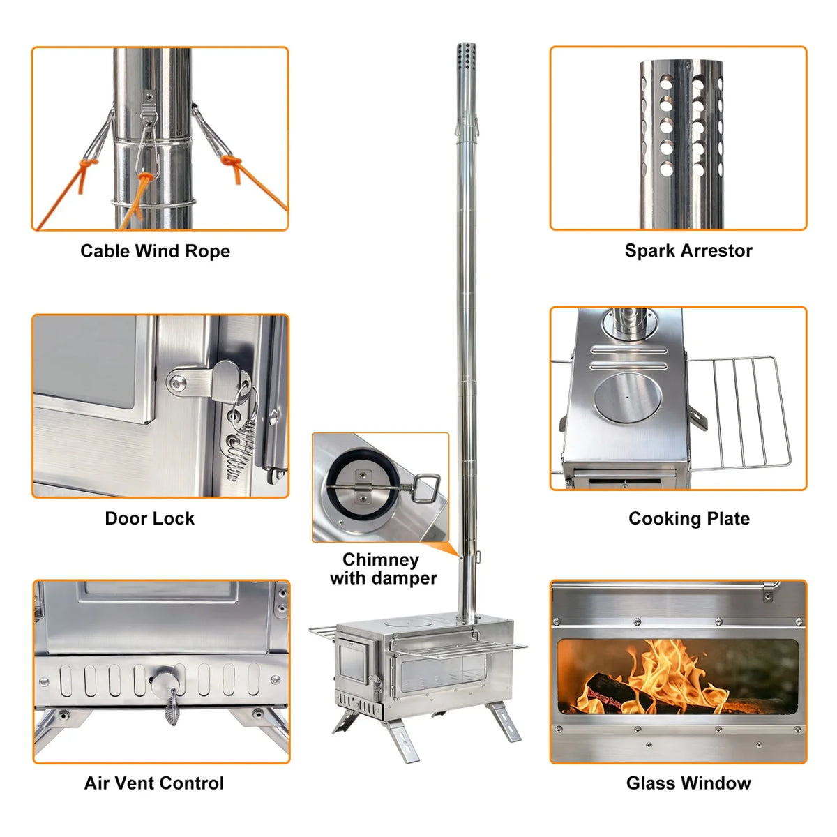 Portable Stainless Steel Stove with 7 Chimney Pipes for Camping