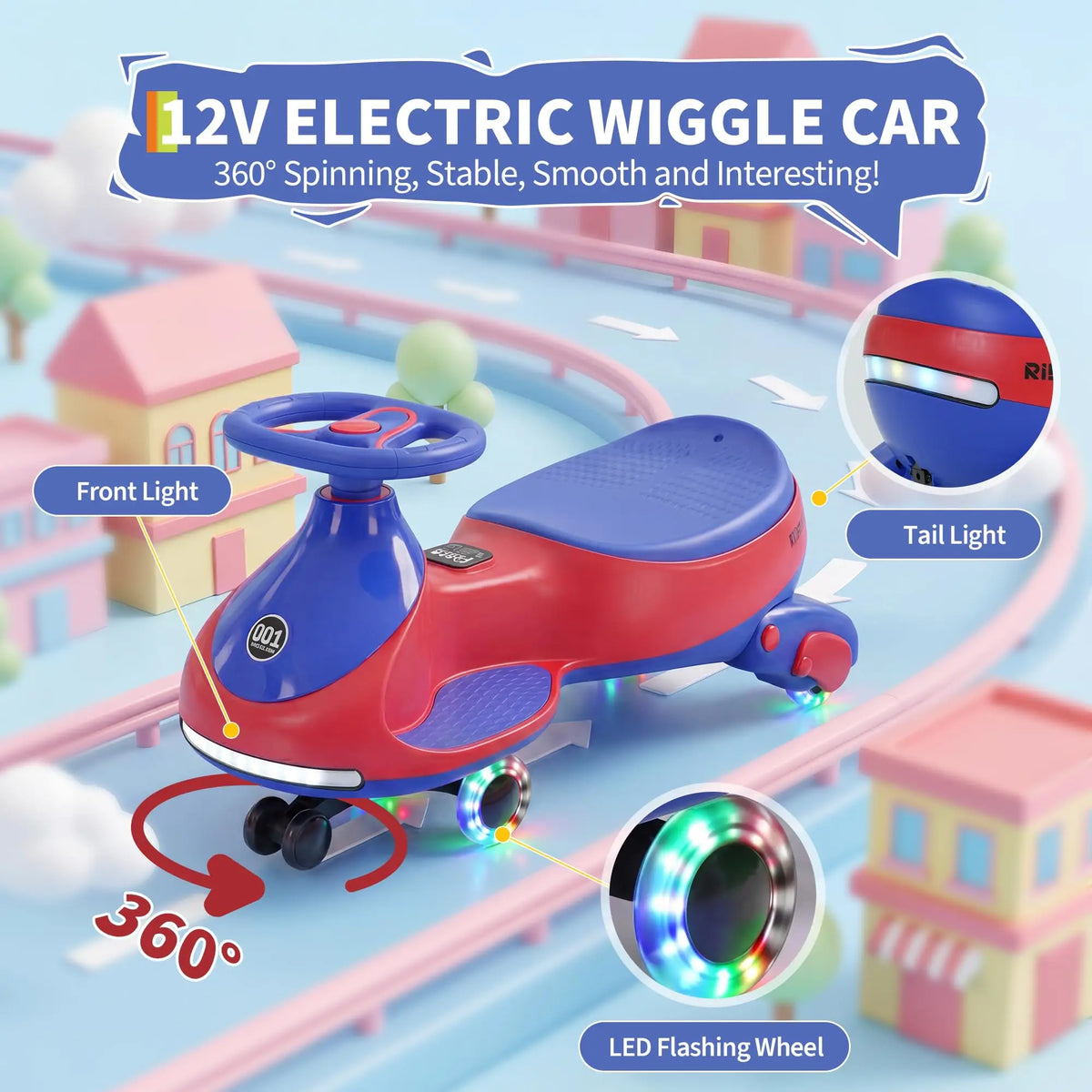 12V Electric Wiggle Car Kids With Pedal, 2 in 1 Rechargeable Ride On Swing Car, LED Wheels, Music, Touchscreen, 2 Speeds