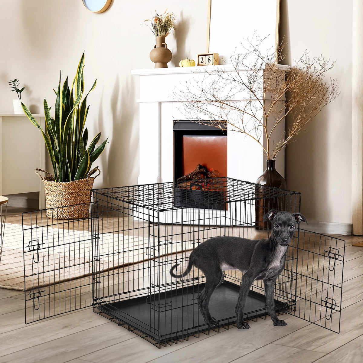JHK Double Door Folding Metal Dog Cage With Secure Tray