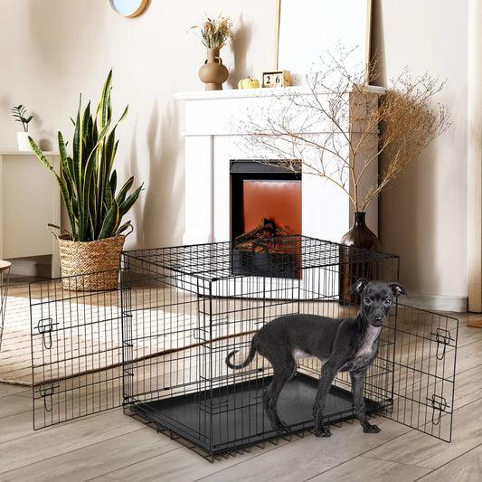JHK Double Door Folding Metal Dog Cage With Secure Tray