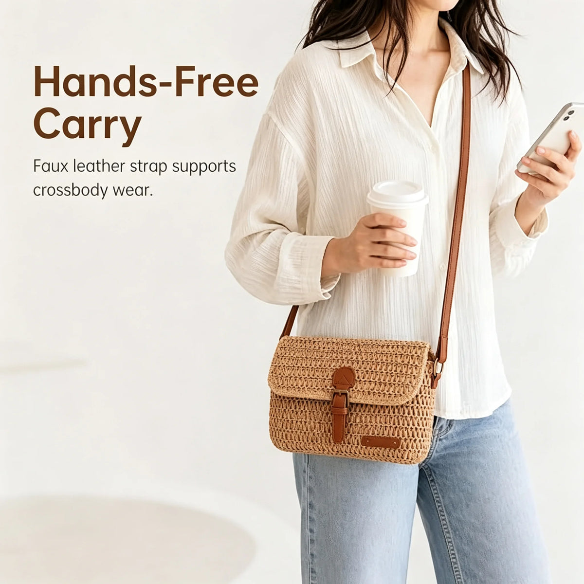 Womens Woven Straw Crossbody Bag With Flap Buckle Closure