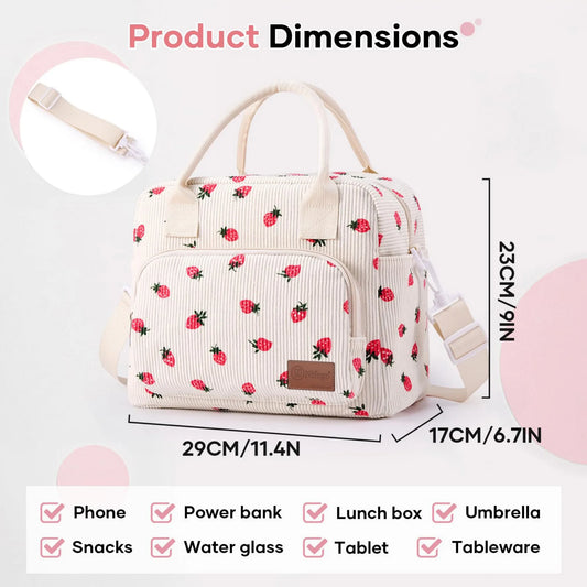 Strawberry Print Insulated Corduroy Lunch Bag With Detachable Shoulder Strap