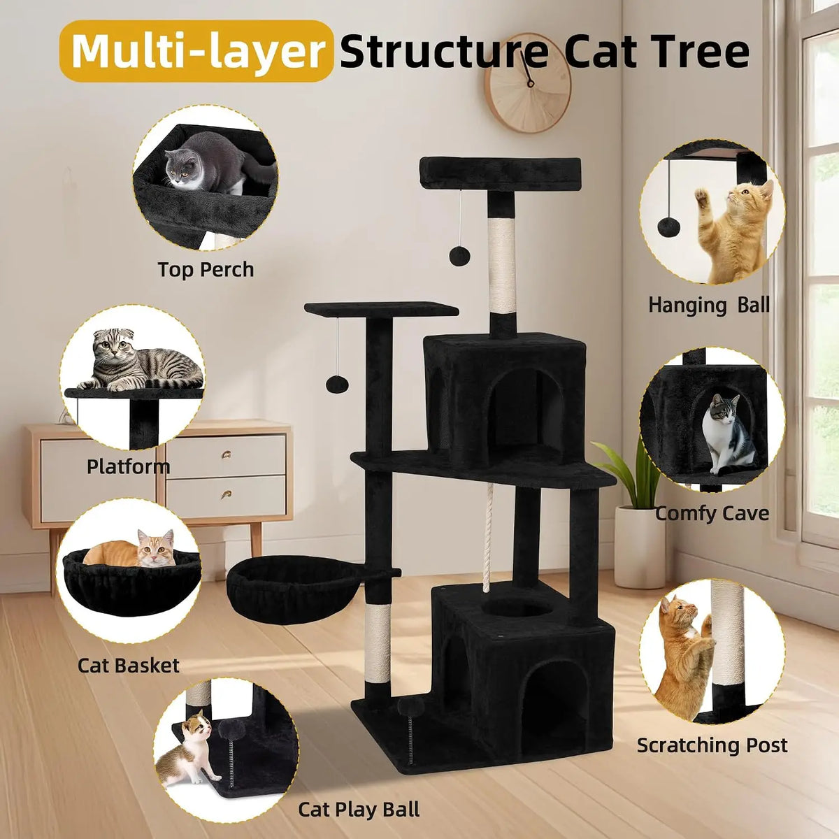 Multi Level Plush Cat Condo With Scratching Posts And Basket
