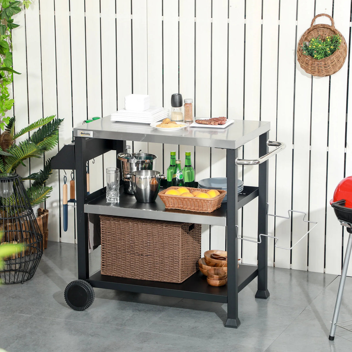 Outsunny 3 Shelf Stainless Steel Outdoor Grill Cart With Wheels