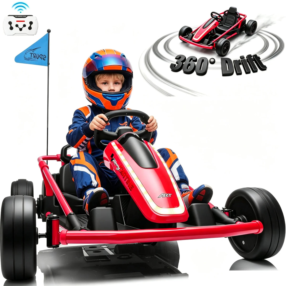 24V Kids Electric Go Kart Dual Motor Ride On Car with Remote Control, 5-10MPH 3 Speed Drift Kart for Kids, Bluetooth Music LED Lights, Max Load 135Lbs Outdoor Ride On Toy Vehicle Gift