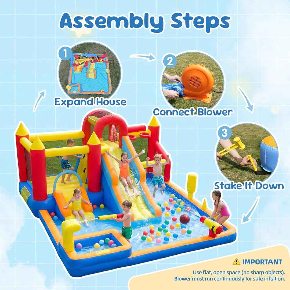 Jump 'N Slide Inflatable Bouncer for Kids, Heavy Duty Blower, Stakes Repair Patches Storage Bag, Indoor Outdoor Bounce House