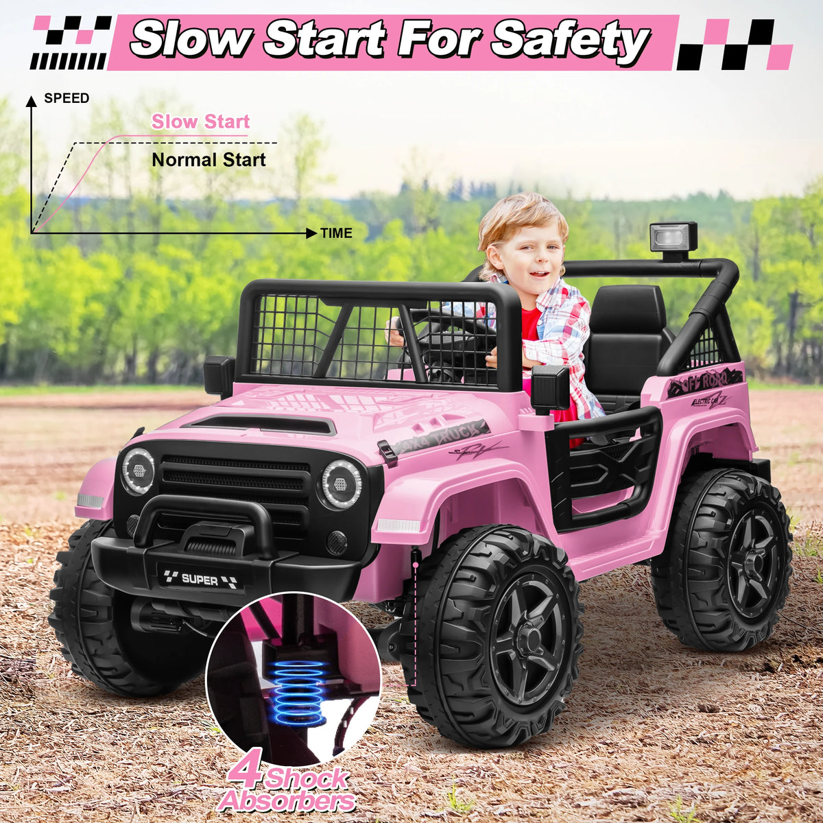 Joyracer 800W 24 Volt Ride on Toys for Big Kids, 4WD/2WD Switchable, 2 Seater Ride on Truck Car W/ Remote Control, Power Car Wheels, 3 Speeds, Spring Suspension, Bluetooth Music, Pink
