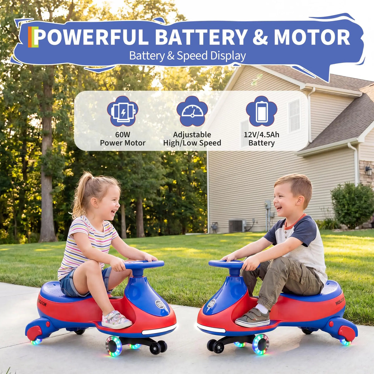 12V Electric Wiggle Car Kids With Pedal, 2 in 1 Rechargeable Ride On Swing Car, LED Wheels, Music, Touchscreen, 2 Speeds