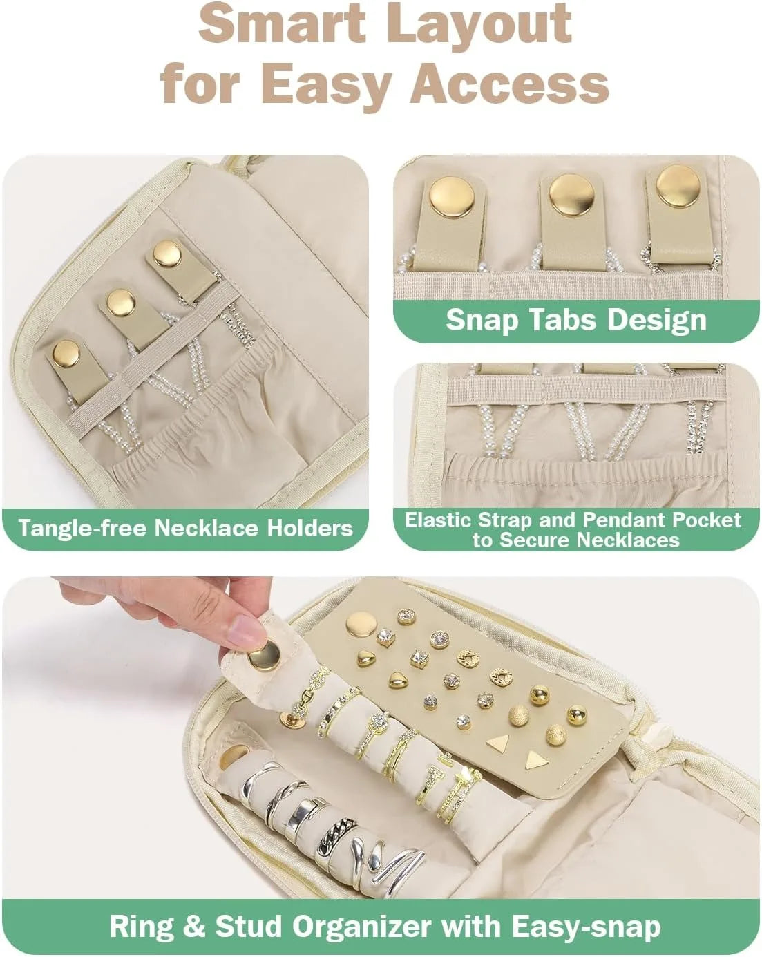 Compact Travel Jewelry Organizer With Necklace Holder Zipper Closure