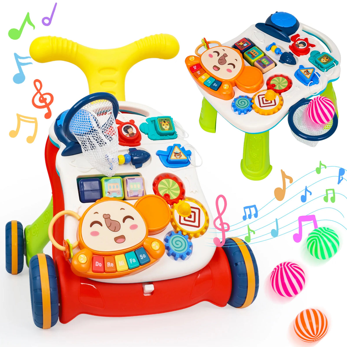 3-in-1 Multifunctional Toddler Walking Cart, Interactive Early Learning Push Toy to Help Baby Walk, Gentle Music, Adjustable Speed, Non-Slip Wheels, Educational Activity Center