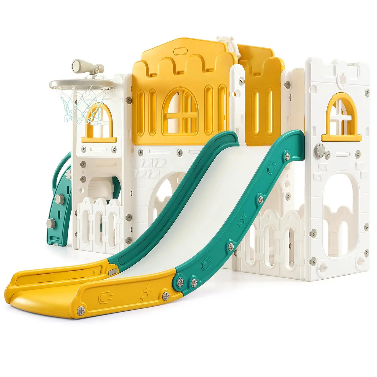 8 In 1 Toddler Slide Indoor Outdoor Playset Kids Climber Crawl Tunnel Basketball Hoop Telescope Steering Wheel Toy Storage Ages 1-3