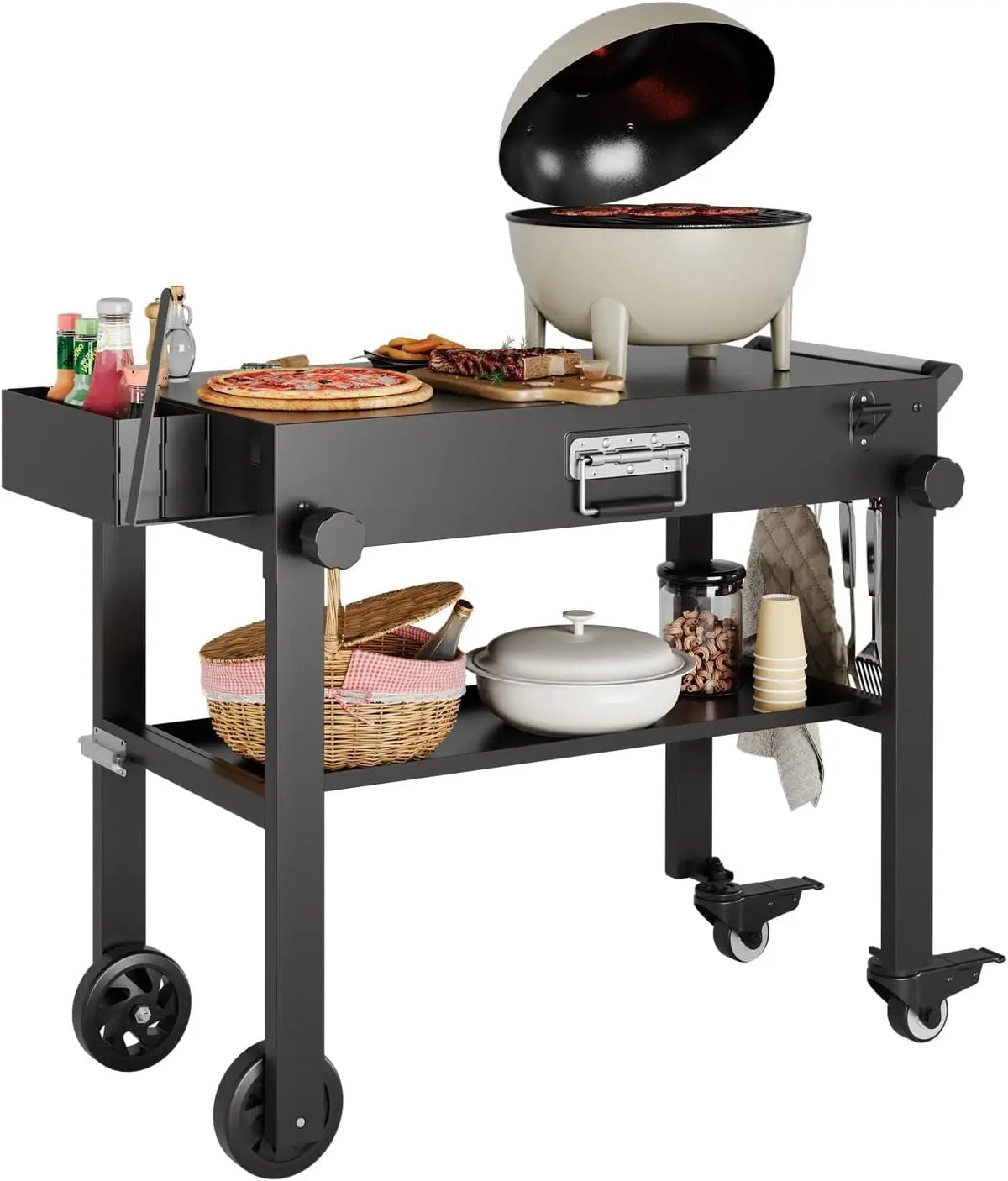 Tacleekii Folding Grill Cart with Stainless Steel Worktop and Wheels