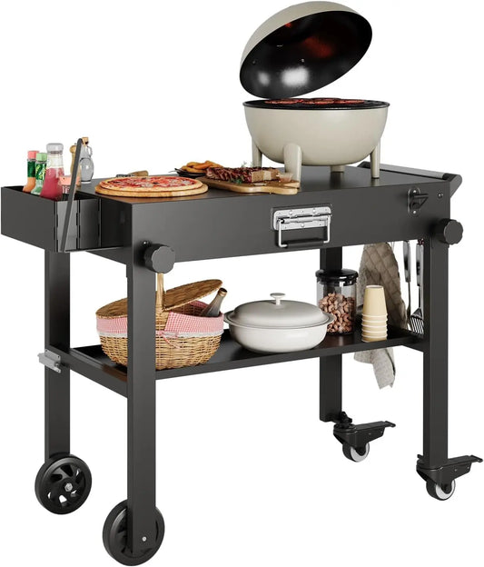 Tacleekii Folding Grill Cart with Stainless Steel Worktop and Wheels