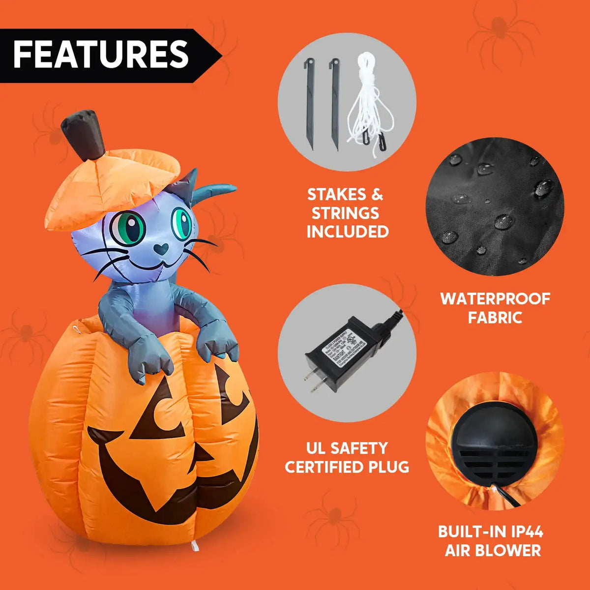 5 FT Tall Animated Kitty Cat Halloween Inflatable On Pumpkin Outdoor Decoration for Halloween Blow Up Yard Lawn Inflatables Gift