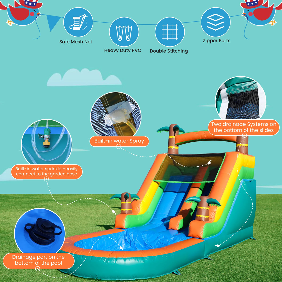 21FT Tropical Water Slide Bounce House Commercial Inflatable Playground 750W Blower for Children's Entertainment
