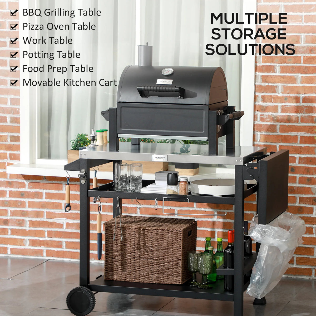 Outsunny Stainless Steel Outdoor Grill Cart With Three Utility Shelves
