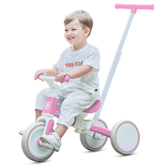 3 in 1 Toddler Tricycle with Push Handle, Pink Kids Balance Bike, Quiet EVA Wheels Carbon Steel Frame, Adjustable Seat Anti-slip Handlebar, Ride On Toy for Girls 1-4 Years Old